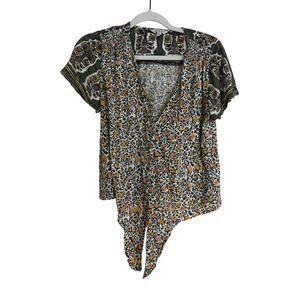 Lucky Brand LA Patchwork Button-Down Tee with Tie Waist – Cotton/Modal Blend